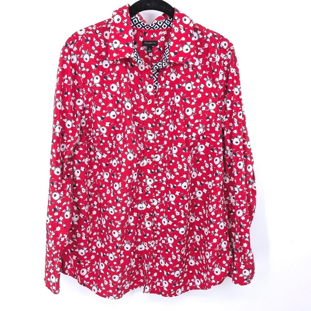 Talbots Button Down Shirt Women Large Red Floral Cotton Long Sleeve Classic